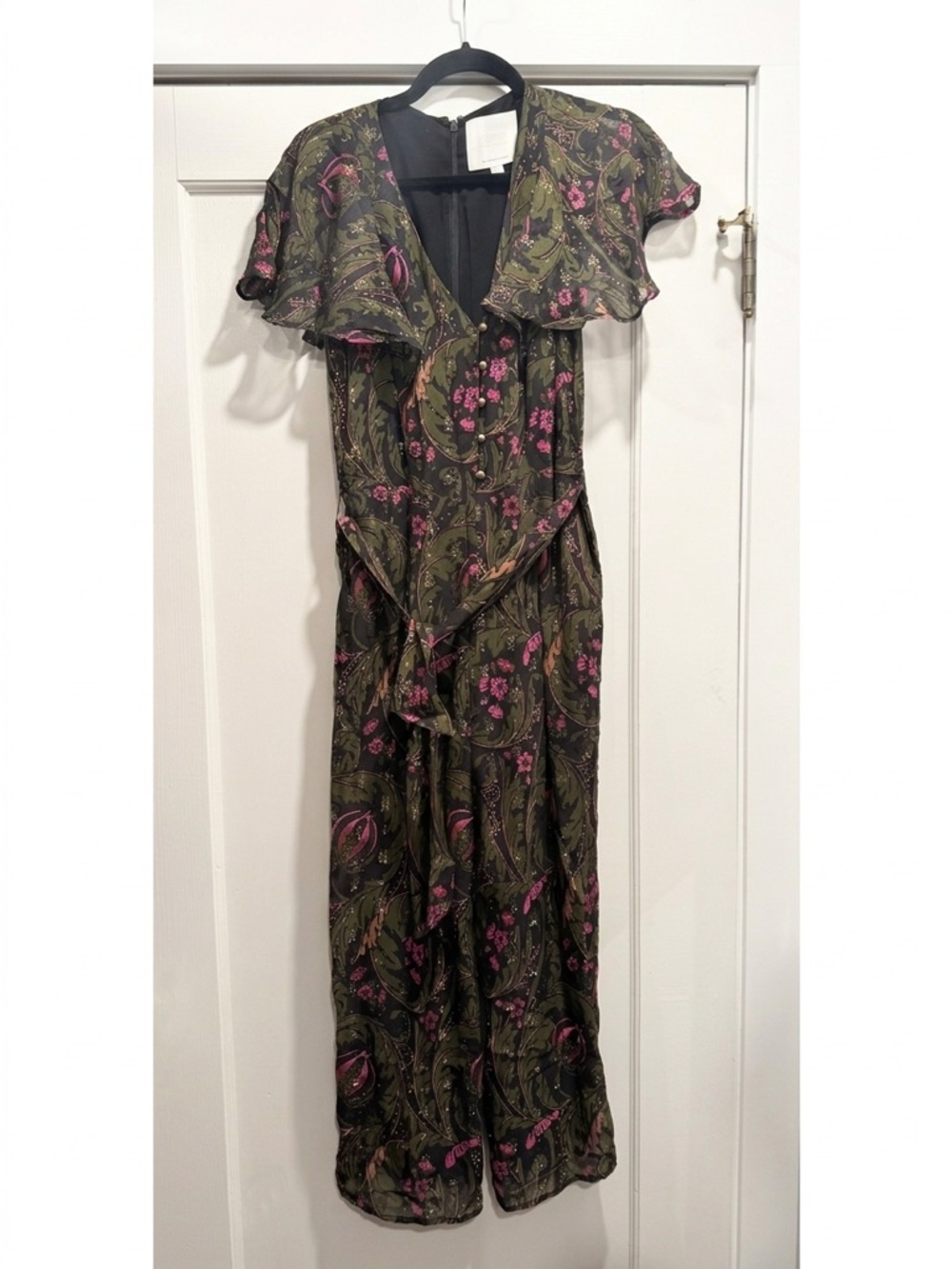 Anthropologie Ett Twa Metallic Floral Brenda Jumpsuit Green Wedding Guest Party - Picture 2 of 16